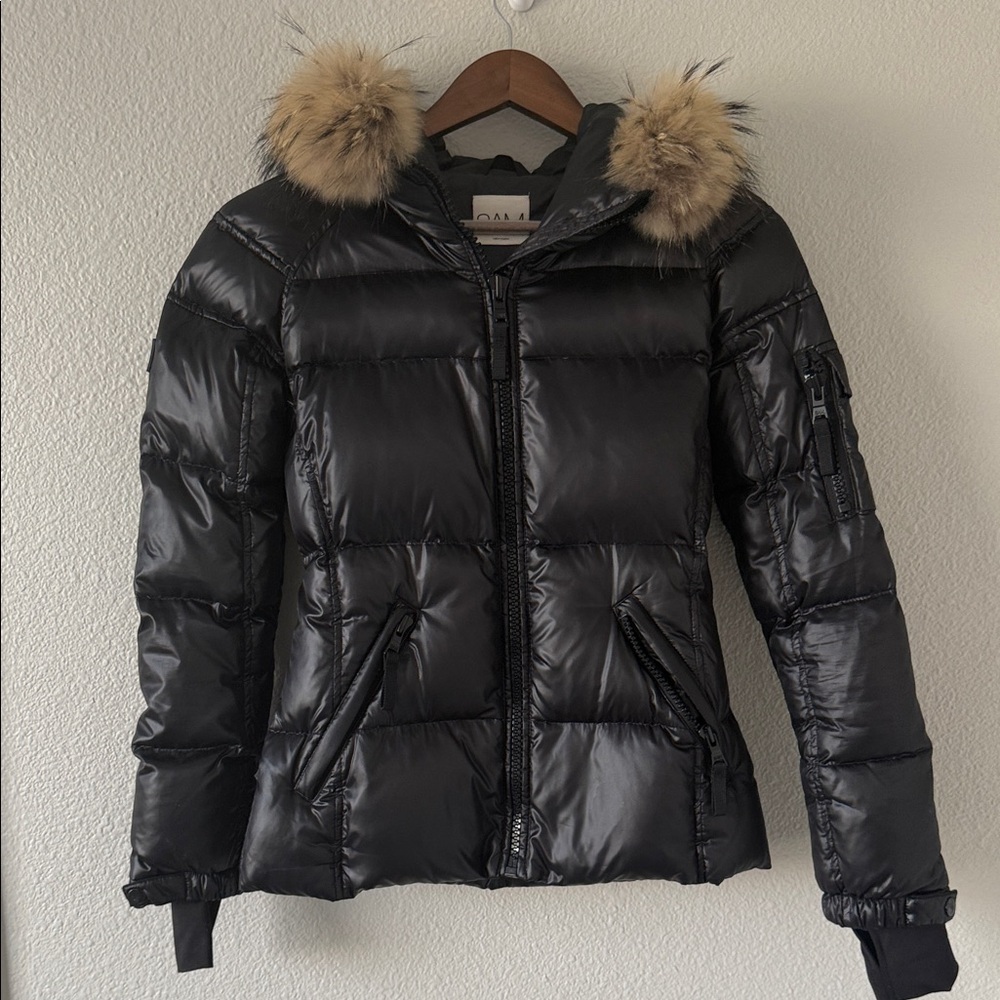 SAM. Black Shiny Blake Down Puffer Racoon Tan Fur Hood Thumb Hole Cuff XS - Picture 3 of 16